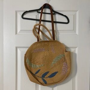 Woven Straw Tote Bag Purse with Multicolor Leaf Accents and Double Straps
